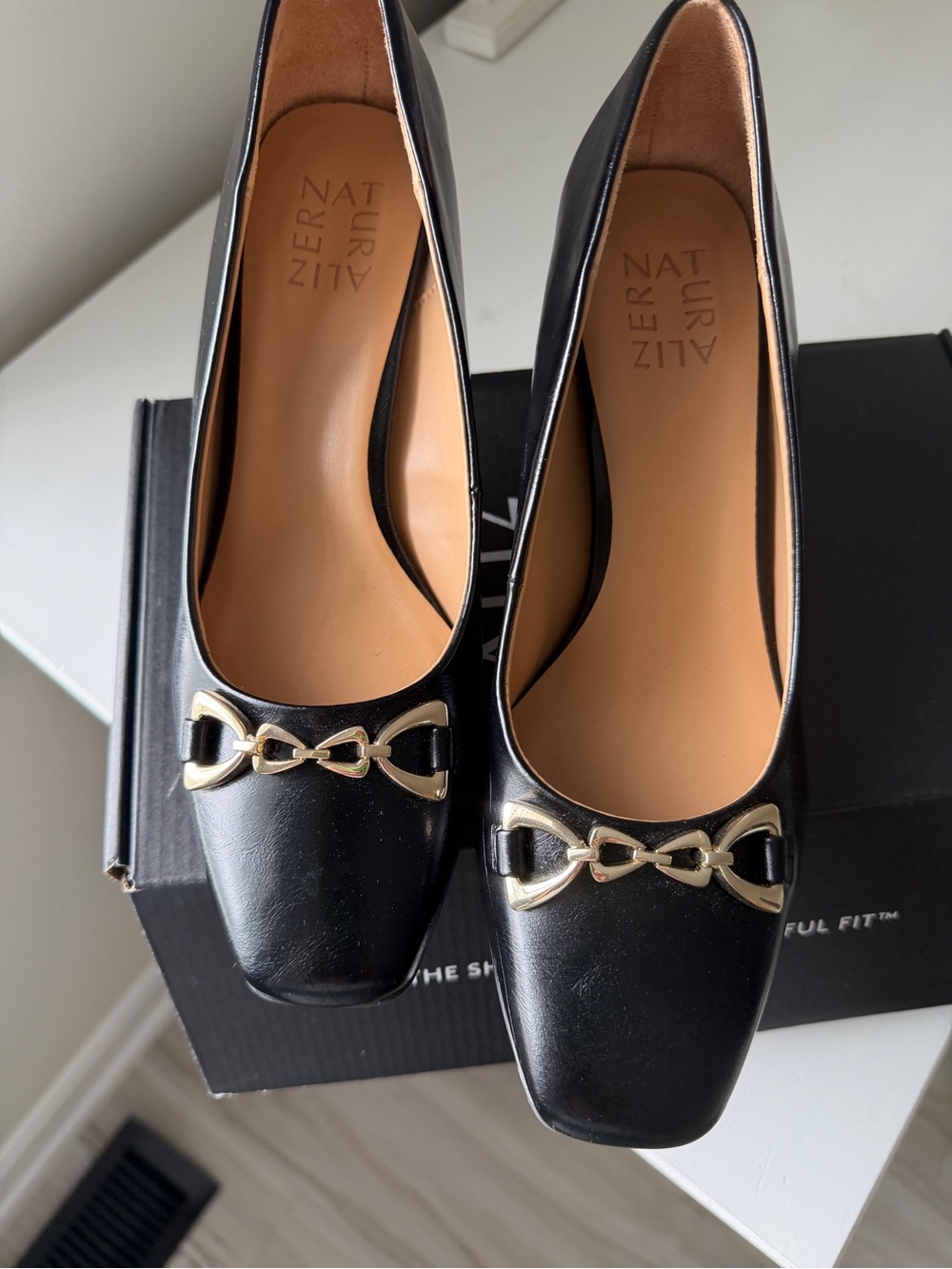 Naturalizer Black Leather Square-Toe Heels with Gold Link Accent
